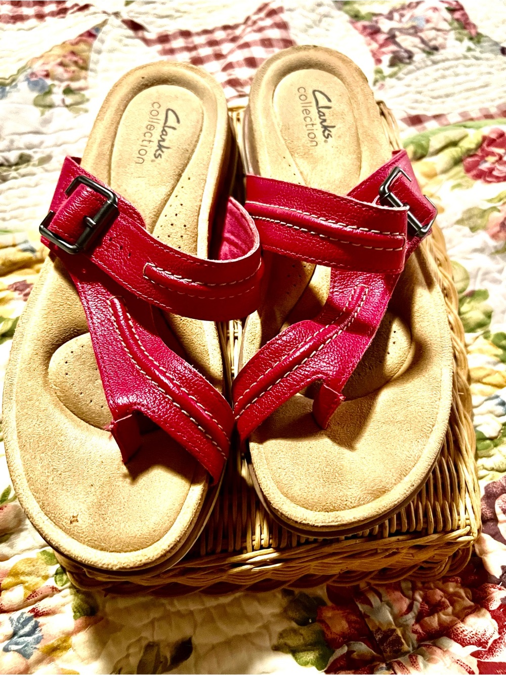 Clarks Red Leather Thong Sandals with Buckle Strap